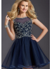 Navy Blue Tulle Beaded Slit Back Knee Length Prom Dress